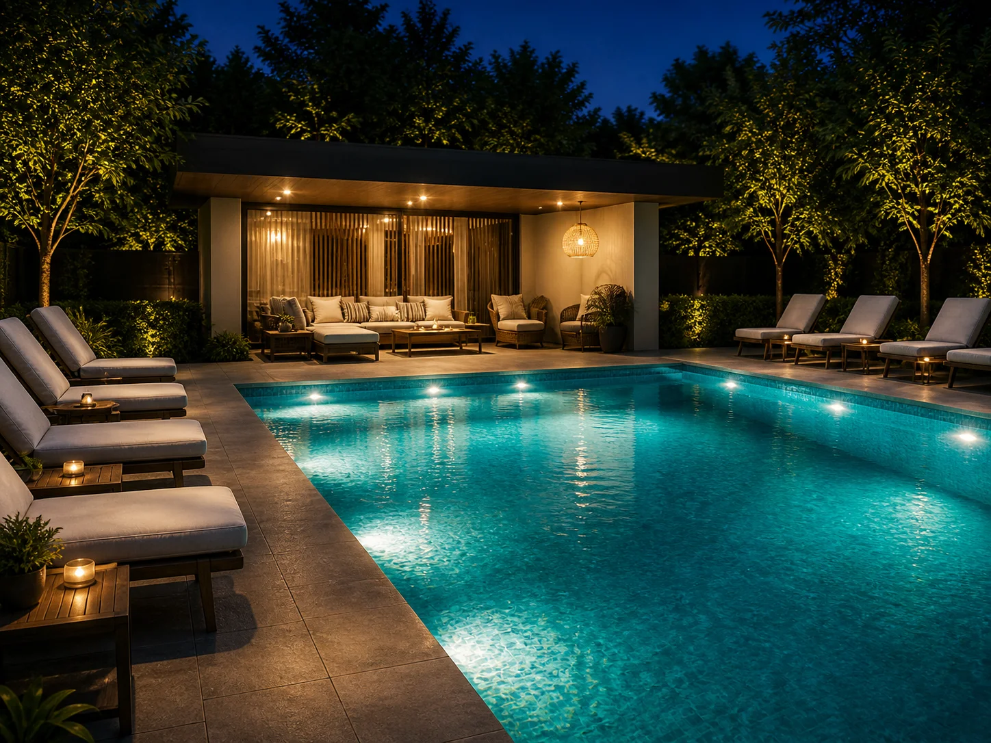 Piscina iluminada construída pela JB Hidráulica em área de lazer residencial